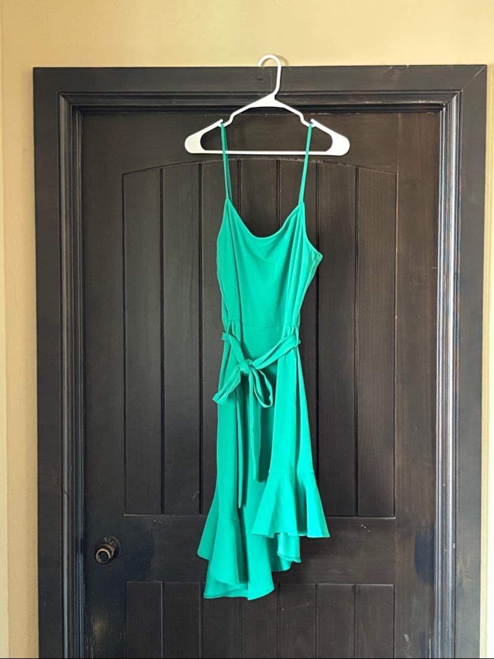 Green Asymmetrical Slip Dress with Waist Tie